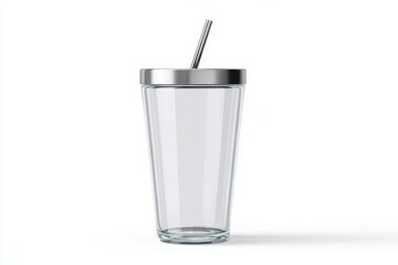 Glass with metal straw and lid on white background