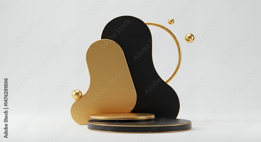 Fototapete elegant 3d rendering of a modern podium display with abstract golden and black shapes, perfect for p