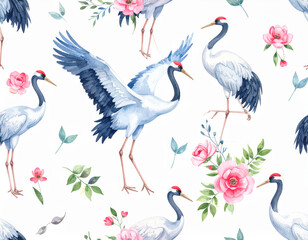 beautiful watercolor pattern featuring cranes with flowers, showcasing vibrant colors and delicate details that evoke sense of tranquility and elegance
