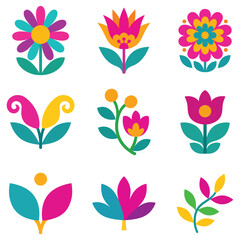 Collection of Mexican Otomi flower illustration, Vibrant Fiesta Flower leaf Art, Colorful floral Design, Colorful Mexican Flower Fiesta clipart