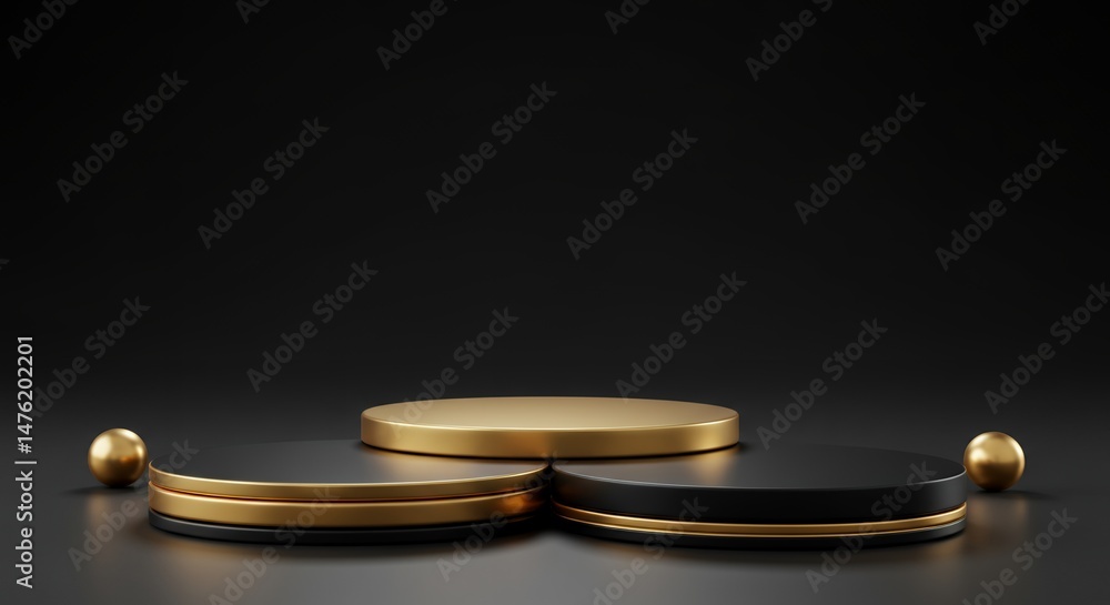 Poster elegant golden and black podiums on a dark background, perfect for product display or showcasing obj