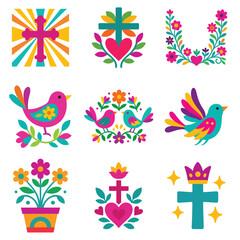Obraz premium Set of Mexican Otomi Bird illustration, colorful Otami fiesta flowers Art, Cute colorful mexican Design Sublimation