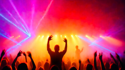 Energetic concert crowd dancing with colorful lights and music vibes