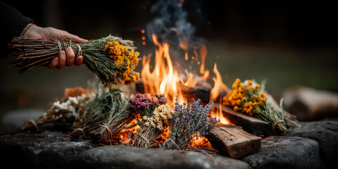 mystical photograph of hands casting herbs into a bonfire during a shamanic ritual under the moonlight, swirling smoke and sparks, dark forest setting,