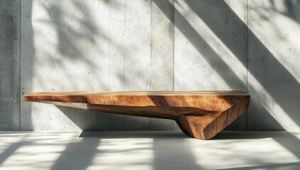 Modern Wood Bench with Concrete Wall, and Sunlit.