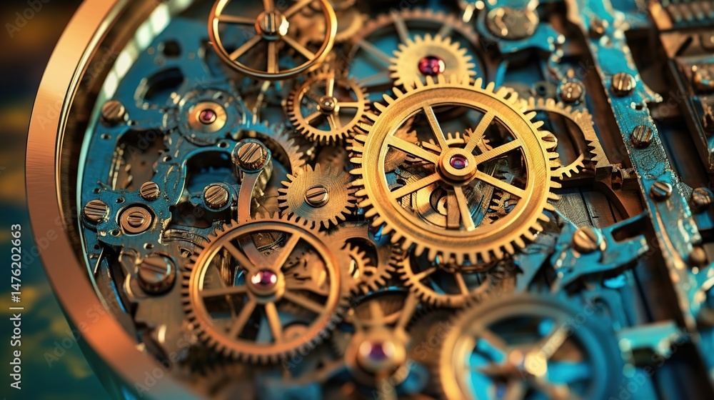 Poster gears and cogs in clockwork watch mechanism.