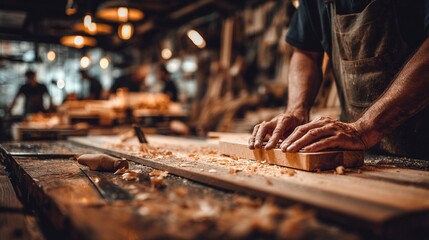 Carpenter smoothing wood with hand plane in dimly lit workshop - craftsmanship and tradition