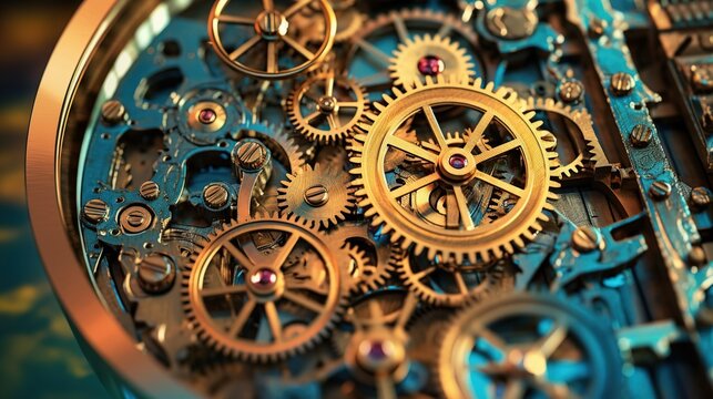 Gears and cogs in clockwork watch mechanism.
