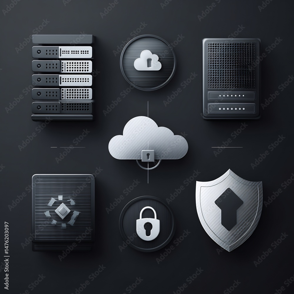 Poster monochrome data system visualisation featuring interconnected cloud components