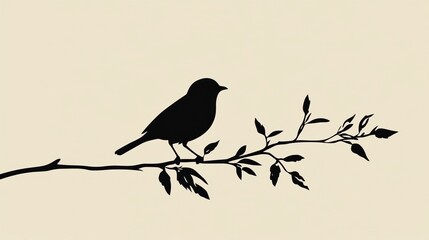 Fototapeta premium Silhouette of a bird perched on a branch with leaves.