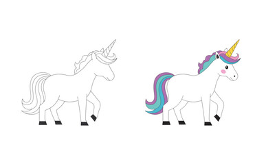 Cute Cartoon Unicorn with Rainbow Mane on Pink Background