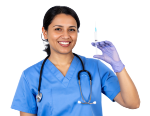 Smiling nurse holds prepared injection