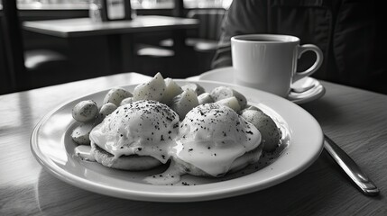 A plate featuring Eggs Benedict, consisting of toasted English muffins topped with poached eggs and drizzled with creamy hollandaise sauce.