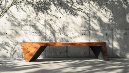 Modern wooden bench with concrete wall.