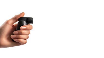 A woman's hand gently holds a glass bottle of beauty spray on cutout