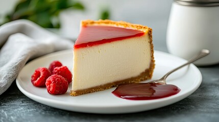 A rectangular slice of creamy dessert with a glossy yellow topping sits on a light blue rectangular plate.