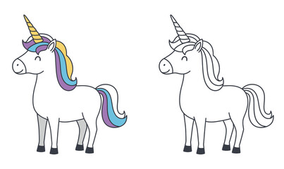 Cute Cartoon Unicorn with Rainbow Mane on Pink Background