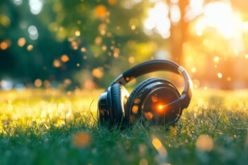 Fototapeta premium Headphones on grassy field at sunset