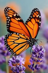 Naklejka premium Vivid Monarch butterfly perched on lavender flowers against a blurred background
