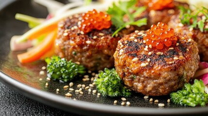 A close-up of a white plate featuring slices of seared tuna, crusted with black and white sesame seeds.