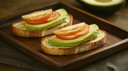 Three slices of toasted bread topped with creamy avocado slices and halved cherry tomatoes are arranged on a wooden platter.