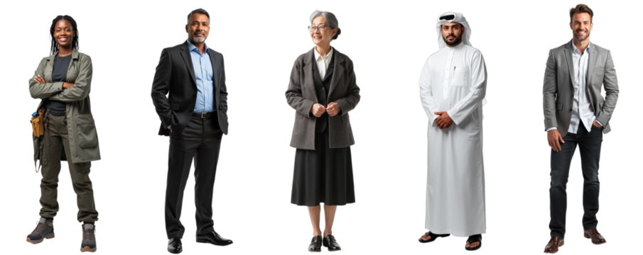 Diverse professional team cutout, isolated on transparent background; ideal for corporate branding, STEM projects, DEI campaigns, and global business presentations.