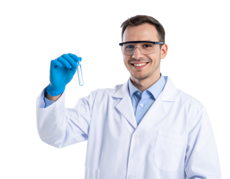 Smiling scientist holds test tube