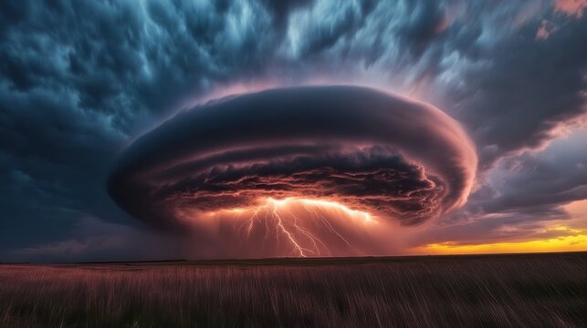 Dramatic storm cloud formation over a landscape.