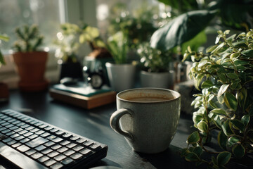 Cup of coffee on desk next to keyboard and green plants. Workspace with morning light, hot drink and houseplants. Cozy home office environment