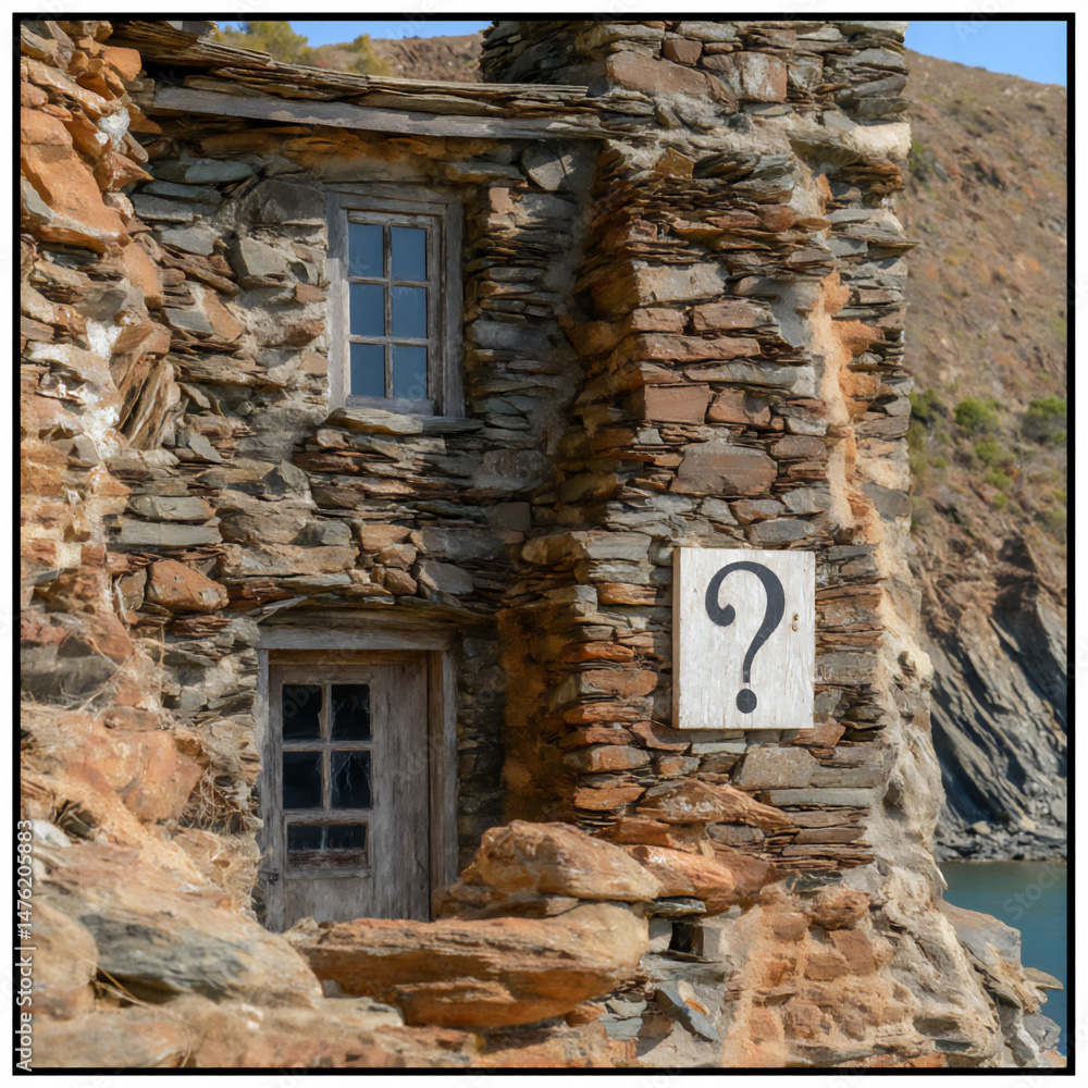 Poster bright photograph of a dark grey stone wall with a simple white sign displaying a question mark next