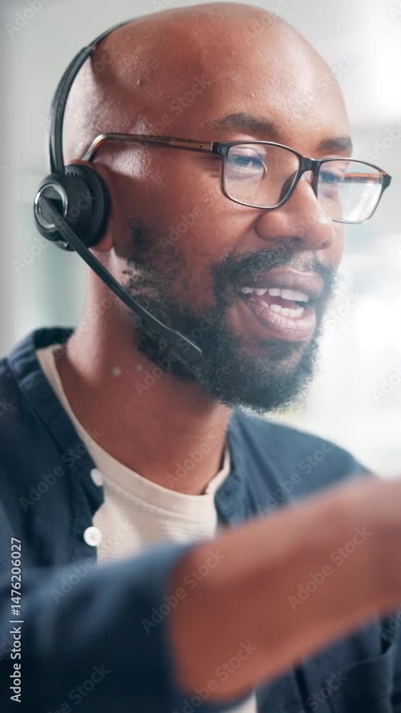 Leinwandbilder communication, consulting and process with black man in call center for advice or support. contact u