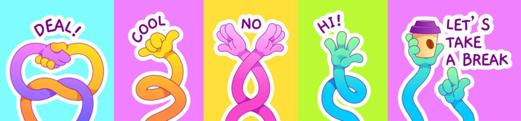 Flexible cartoon hands gestures set - handshake deal and cool sign, waving high five, crossed fingers meaning no, pointing hands with coffee cup saying let take break. Fun comic bright arm collection.