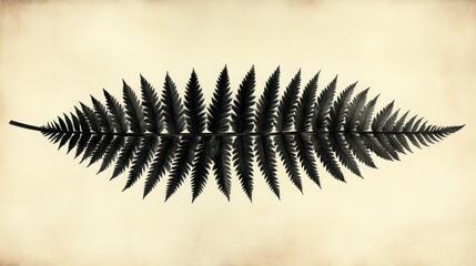 Symmetrical fern frond against a neutral textured backdrop, evoking botanical elegance