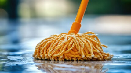 Unit with mop attachment cleaning glossy tiled surface