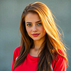 Fototapeta premium young woman wearing colorful sportswear. Her beautiful face exudes confidence and charm, with a bright smile and sparkling eyes that attract the attention of the audience.
