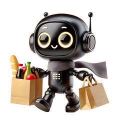 Cute 3D black robot with golden eyes carrying grocery bags and smiling in side view isolated on white background