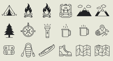 Minimalist Camping Icons: Tent, Campfire, Backpack & More