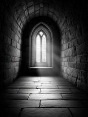 Fototapeta premium Light Through Gothic Window Illuminates Empty Stone Hallway in Black and White