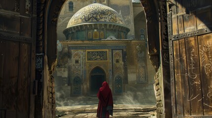 Ancient mosque doorway view with a woman in a red robe.