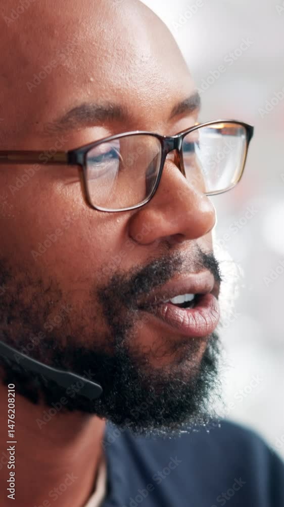 Poster business, communication and contact us with black man in call center for advice or service. customer