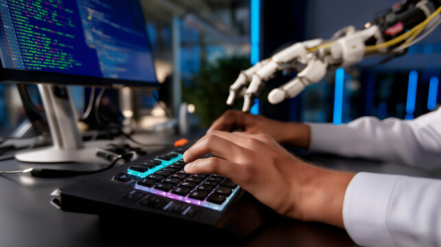 Administrator Typing Code in Control Console with Robotic Arms