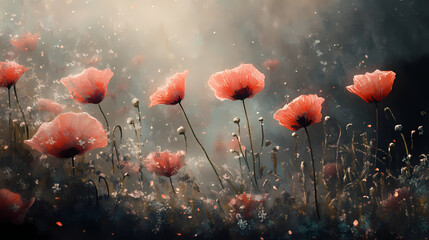 Obraz premium In a delicate stucco formation, poppy petals drift softly. [Obsidian Reverie] | Dustfract Isle | fragile drift. Illustration