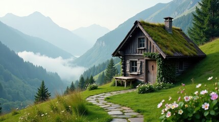 Secluded Mountain Cabin Retreat with Stone Path and Verdant Meadow