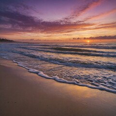 Fototapeta premium A quiet shoreline with soft sand, gentle waves lapping against the beach, and a colorful sky transitioning from orange to purple as the sun sets over the water.