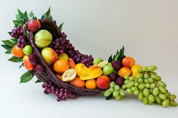 high resolution picture of festive cornucopia arrangement with delicious fruits