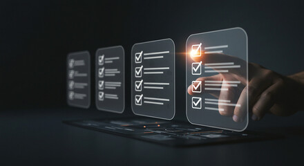 Digital checklist interface with hand interacting, symbolizing task management and virtual process completion. Dark, modern aesthetic.