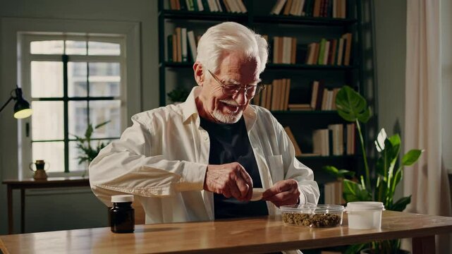 Senior man preparing medical cannabis at home