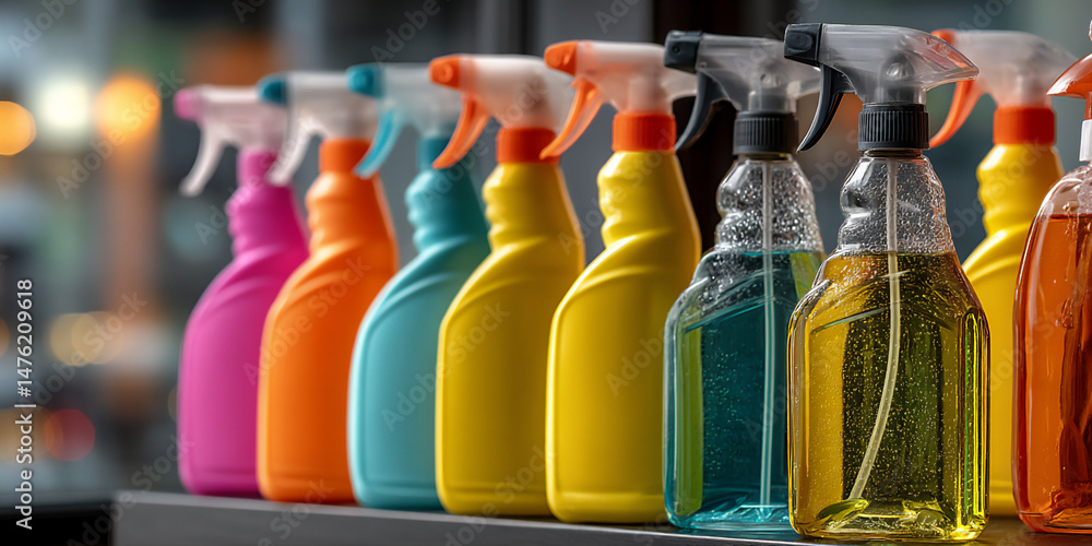Poster close-up photograph of a row of different cleaning sprays in colorful bottles with clear labels, sta