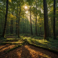 Obraz premium A dense green forest with tall trees and a carpet of fallen leaves, where golden sunlight filters through the branches, creating a peaceful and warm atmosphere.