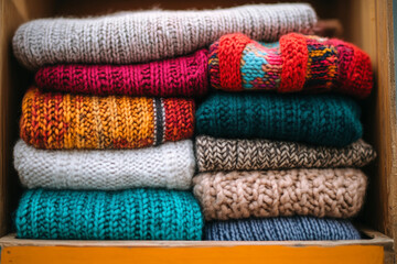 Stack of colorful knitted sweaters in wooden box cozy winter fashion